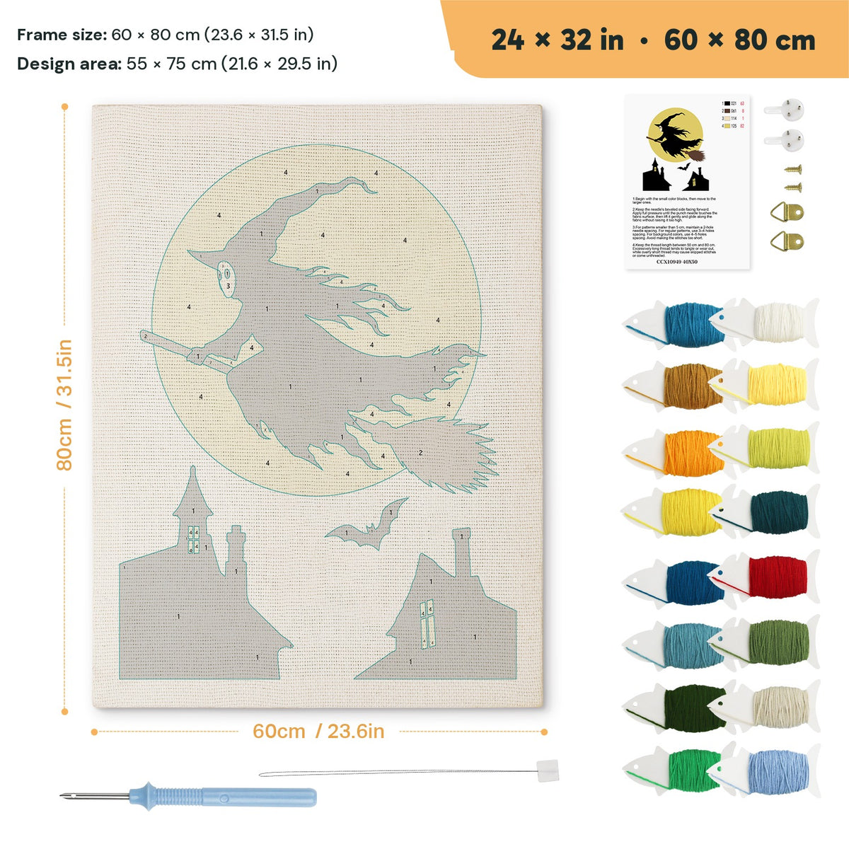 Full Moon Witch punch needle kit, 24 × 32 in (60 × 80 cm): canvas size and kit contents