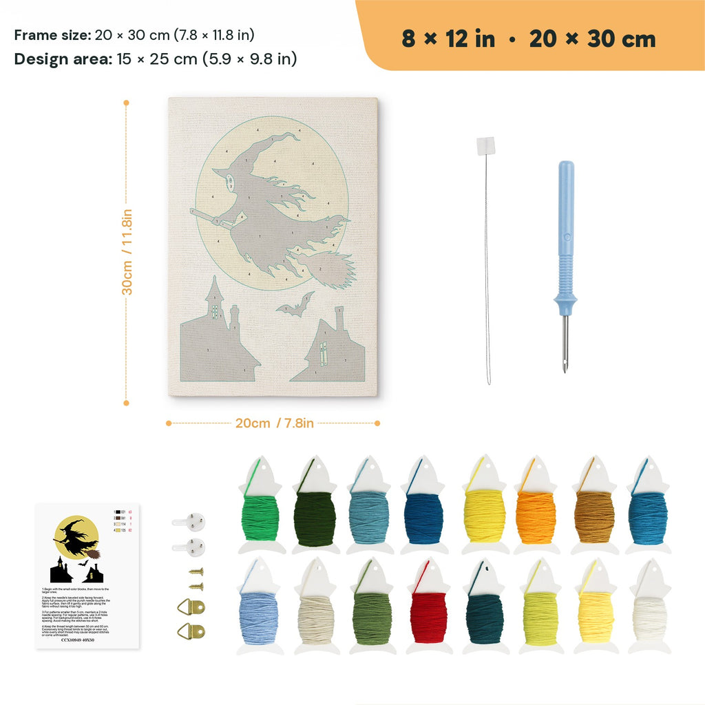 Full Moon Witch punch needle kit, 8 × 12 in (20 × 30 cm): canvas size and kit contents