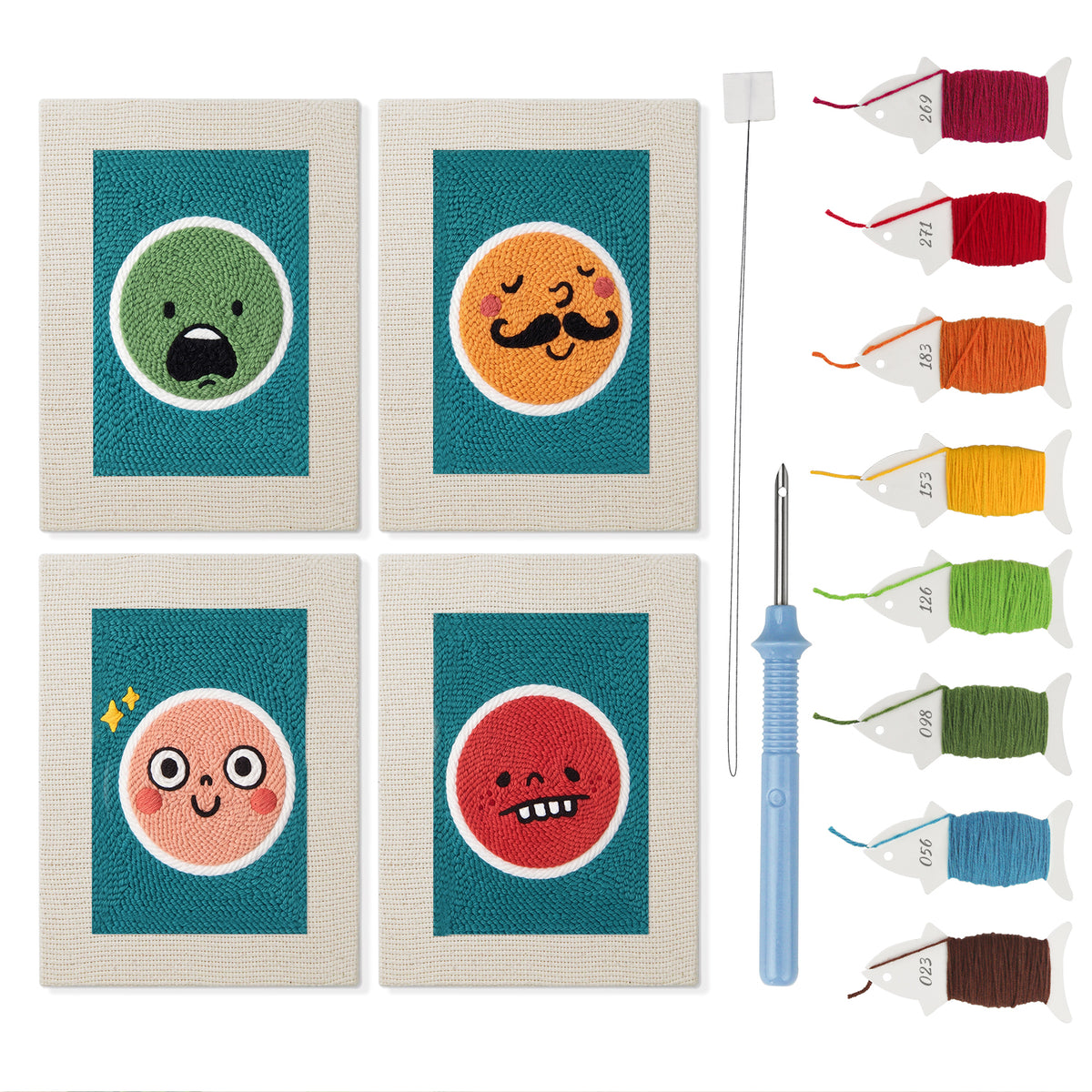 Funny Face Circles mini punch needle kit set: four finished canvases with threads, punch needle and threader