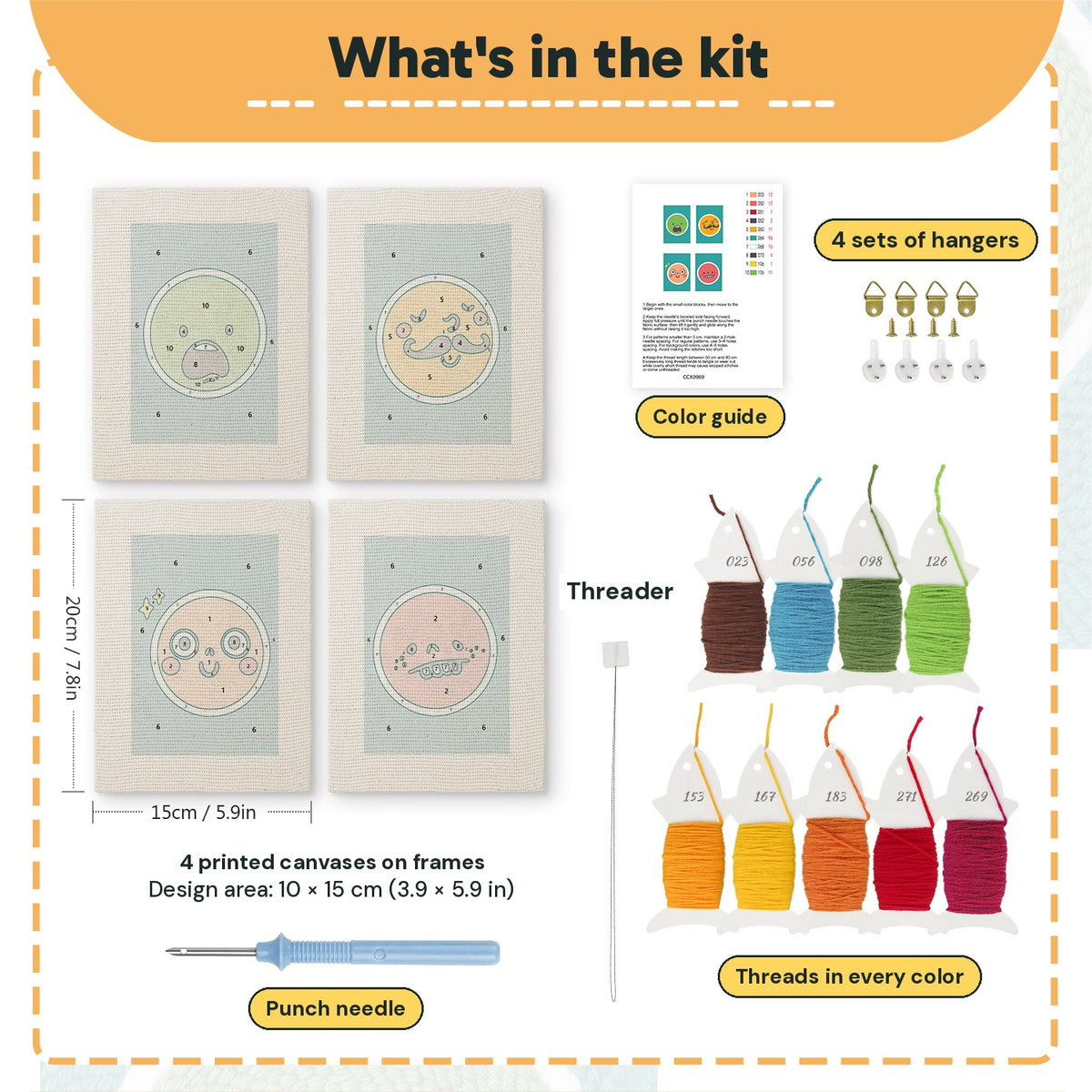 What is in the Funny Face Circles set: 4 printed canvases, punch needle, threader, threads, color guide and 4 sets of hangers (6 × 8 in (15 × 20 cm) each)