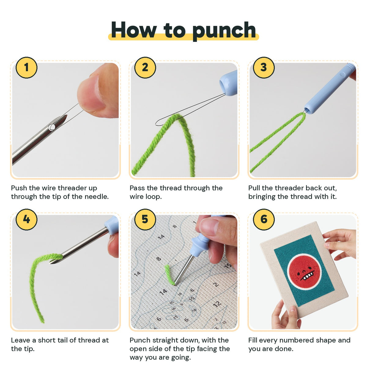 Six steps showing how to thread and use the punch needle