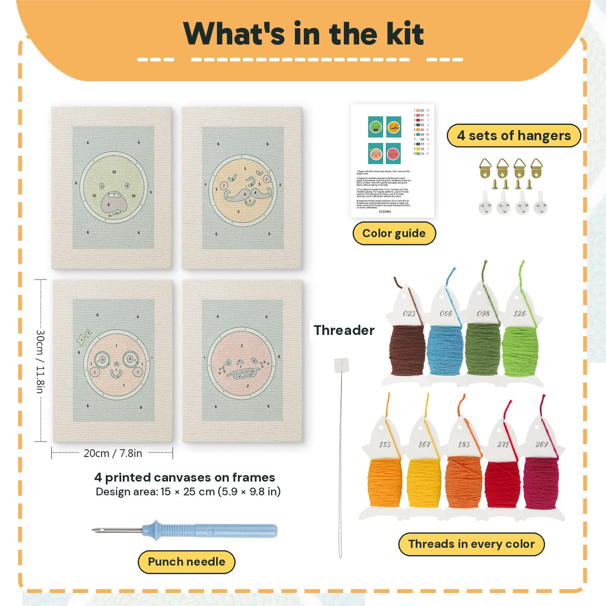 What is in the Funny Face Circles set, 8 × 12 in (20 × 30 cm) each: 4 printed canvases, punch needle, threader, threads, color guide and 4 sets of hangers