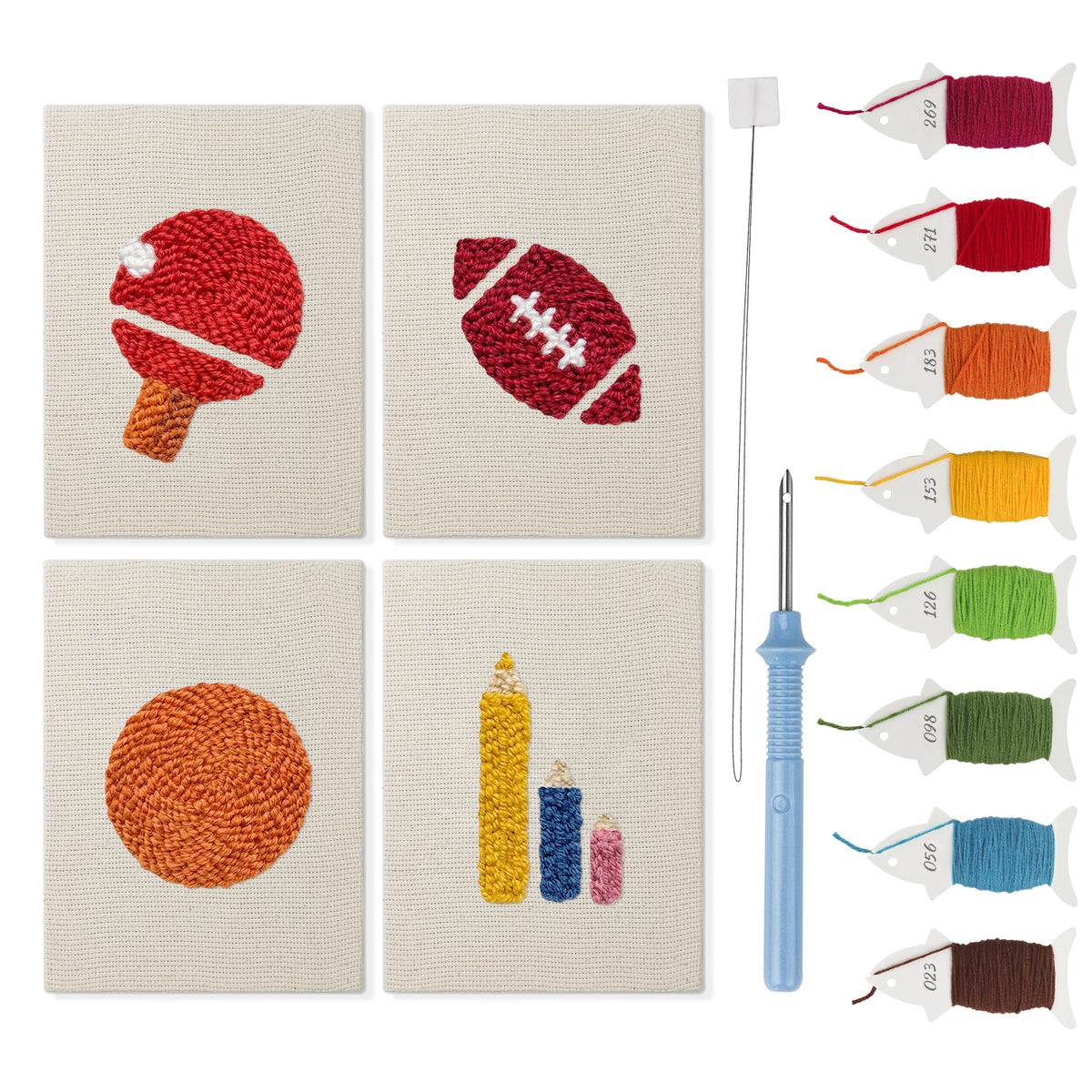 Game Day Sports mini punch needle kit set: four finished canvases with threads, punch needle and threader
