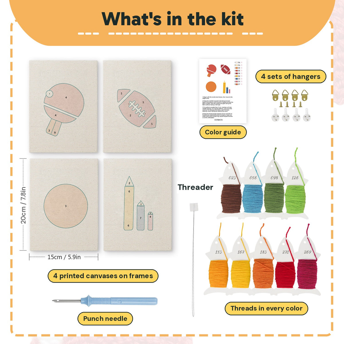 What is in the Game Day Sports set: 4 printed canvases, punch needle, threader, threads, color guide and 4 sets of hangers (6 × 8 in (15 × 20 cm) each)