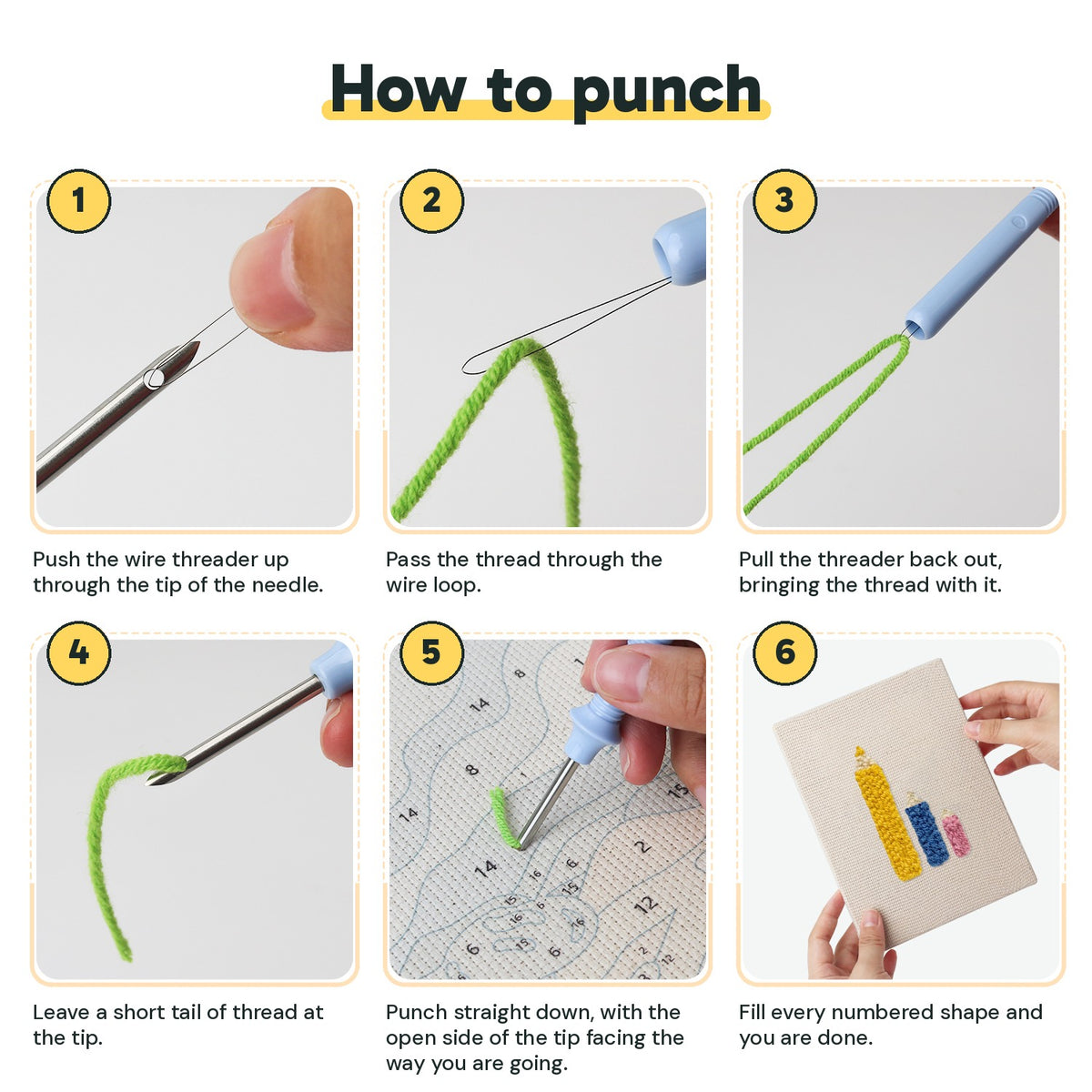 Six steps showing how to thread and use the punch needle