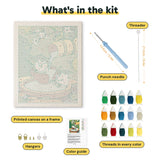 What is in the Garden Fountain kit: printed canvas, punch needle, threader, threads, color guide and hangers