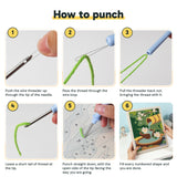 Six steps showing how to thread and use the punch needle