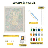 What is in the Garden Hedgehog kit: printed canvas, punch needle, threader, threads, color guide and hangers