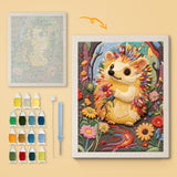 Garden Hedgehog canvas before and after punching, with the threads and tools
