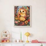 Finished Garden Hedgehog punch needle canvas on a wall