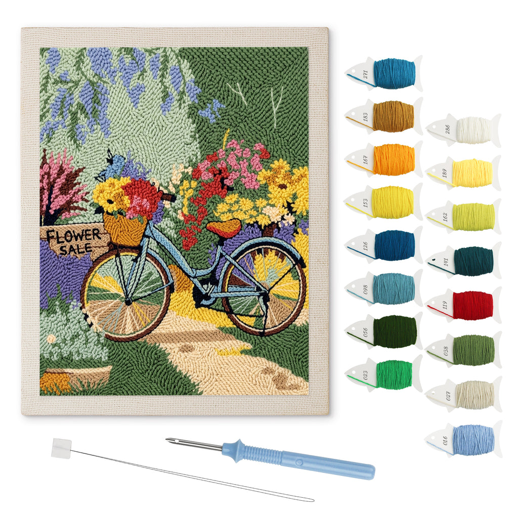 Garden Path Bicycle punch needle kit: finished canvas with threads, punch needle and threader