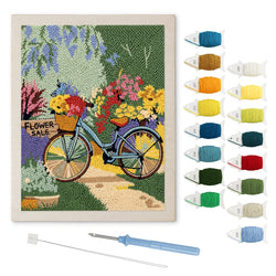 Garden Path Bicycle punch needle kit: finished canvas with threads, punch needle and threader