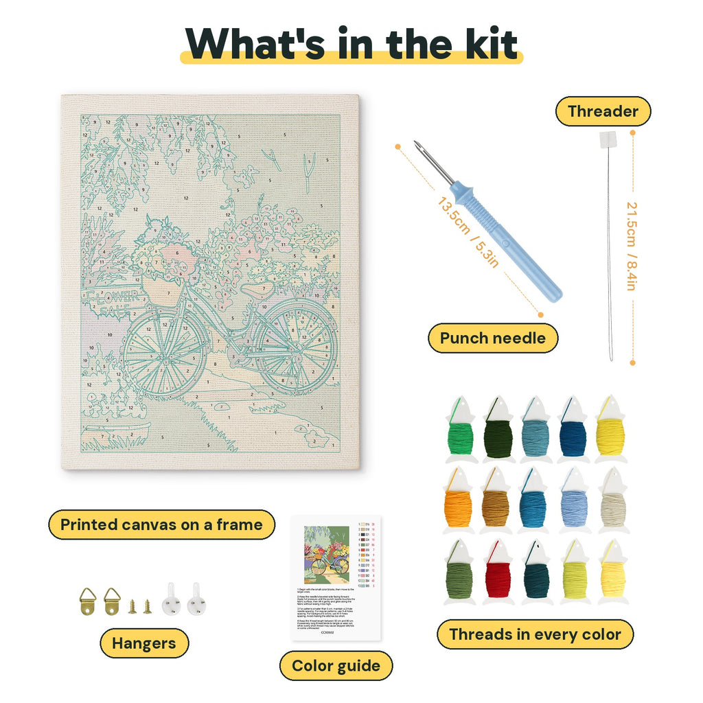 What is in the Garden Path Bicycle kit: printed canvas, punch needle, threader, threads, color guide and hangers