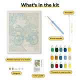 What is in the Garden Path Bicycle kit: printed canvas, punch needle, threader, threads, color guide and hangers