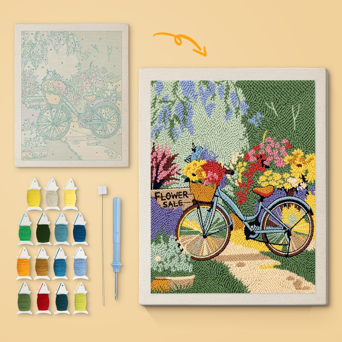Garden Path Bicycle canvas before and after punching, with the threads and tools