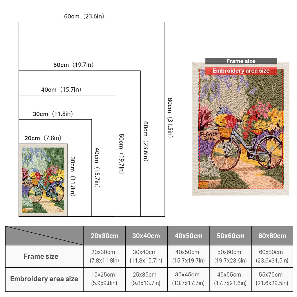 Size chart for punch needle kits from 20 x 30 cm to 60 x 80 cm