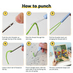 Six steps showing how to thread and use the punch needle