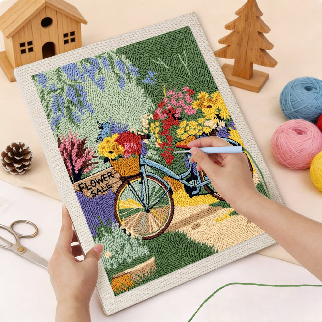 Punching the Garden Path Bicycle design with the punch needle