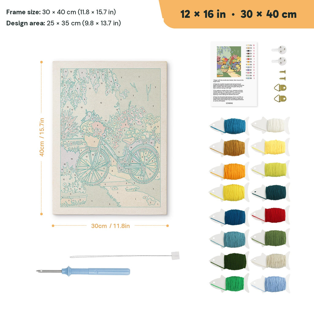 Garden Path Bicycle punch needle kit, 12 × 16 in (30 × 40 cm): canvas size and kit contents