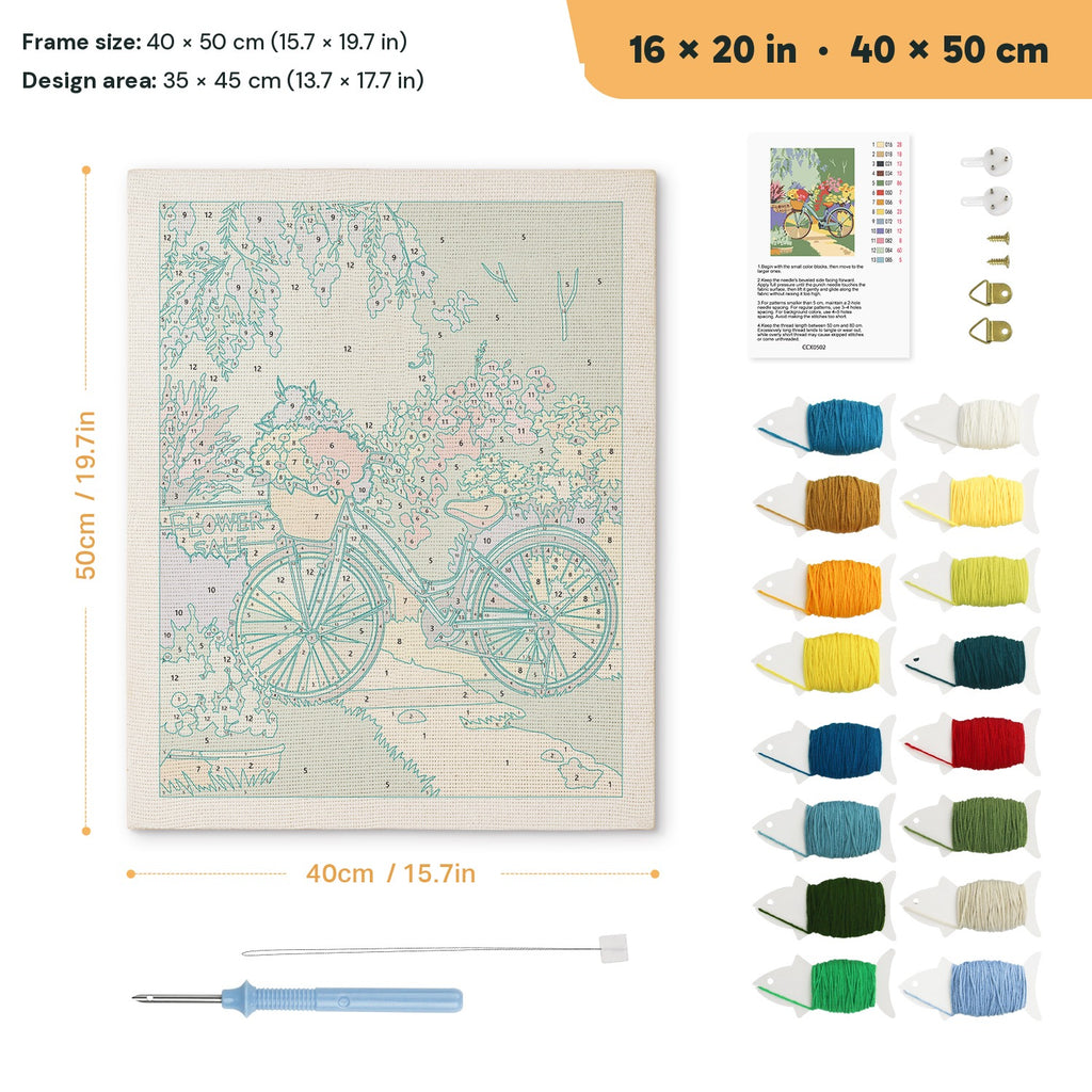 Garden Path Bicycle punch needle kit, 16 × 20 in (40 × 50 cm): canvas size and kit contents