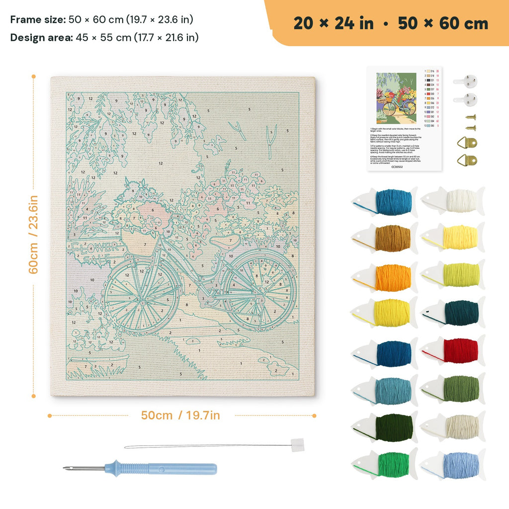 Garden Path Bicycle punch needle kit, 20 × 24 in (50 × 60 cm): canvas size and kit contents