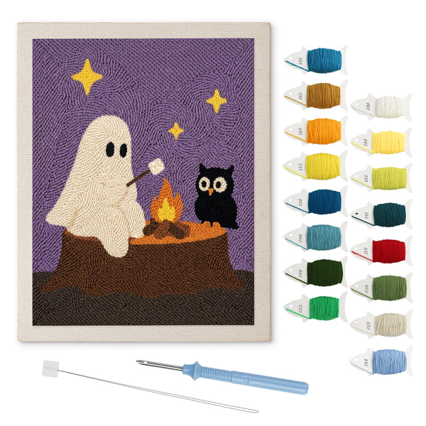 Ghost and Owl Campfire punch needle kit: finished canvas with threads, punch needle and threader