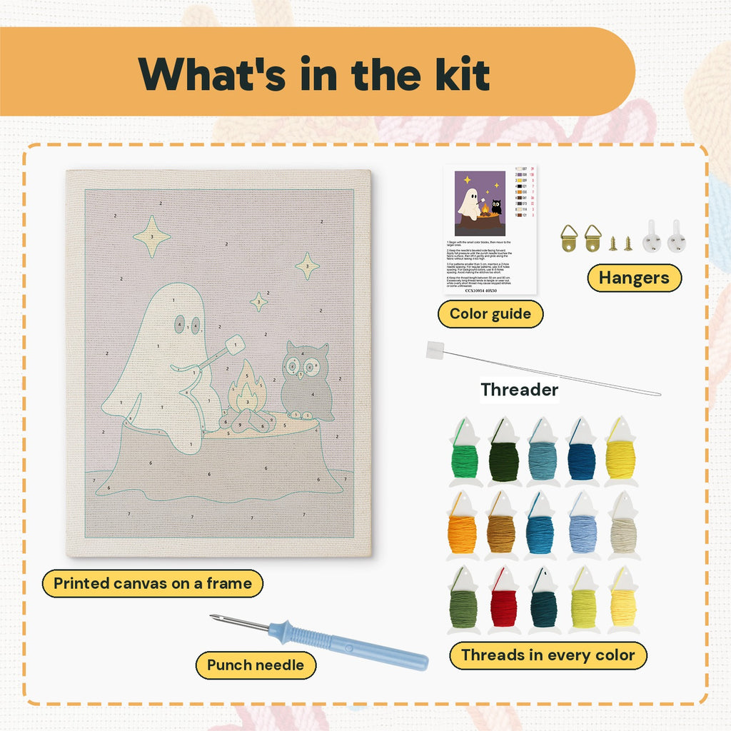 What is in the Ghost and Owl Campfire kit: printed canvas, punch needle, threader, threads, color guide and hangers