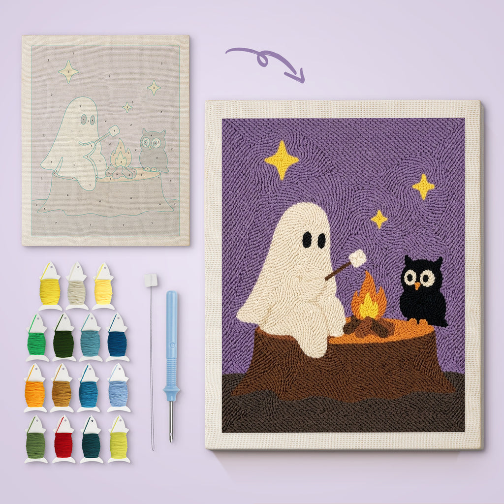 Ghost and Owl Campfire canvas before and after punching, with the threads and tools