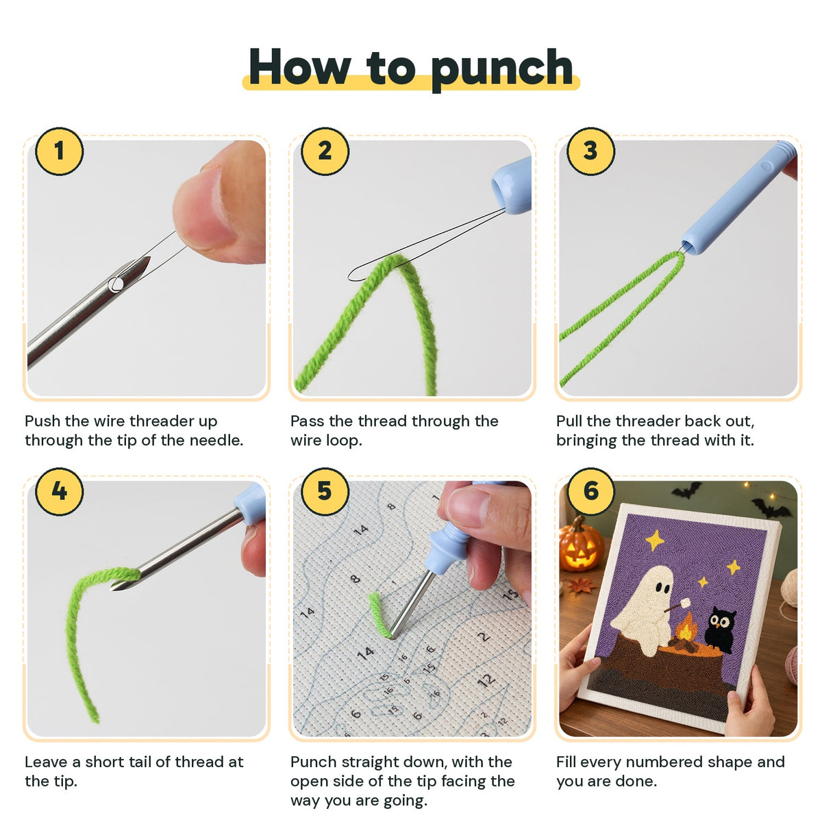 Six steps showing how to thread and use the punch needle