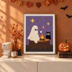Finished Ghost and Owl Campfire punch needle canvas on a wall