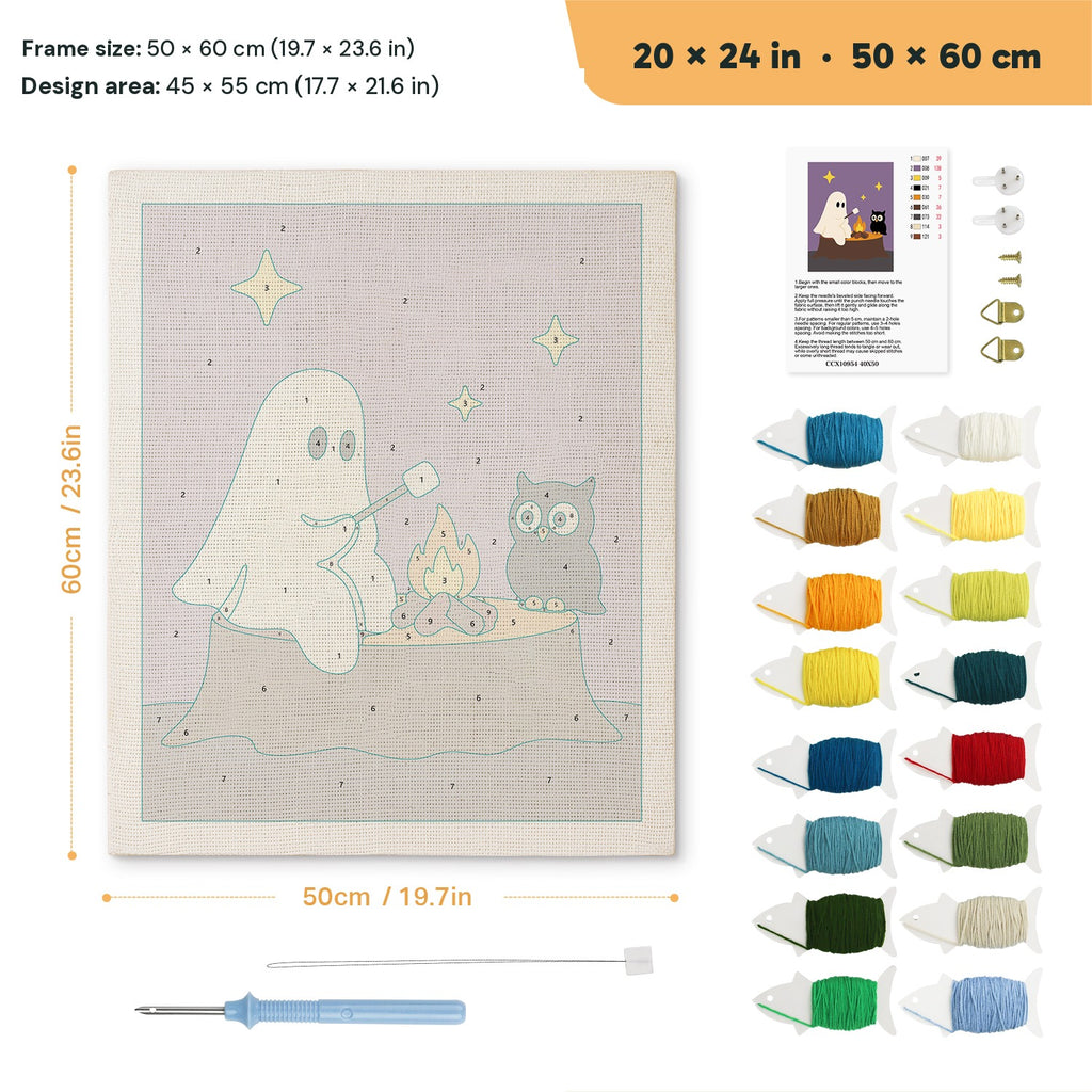 Ghost and Owl Campfire punch needle kit, 20 × 24 in (50 × 60 cm): canvas size and kit contents