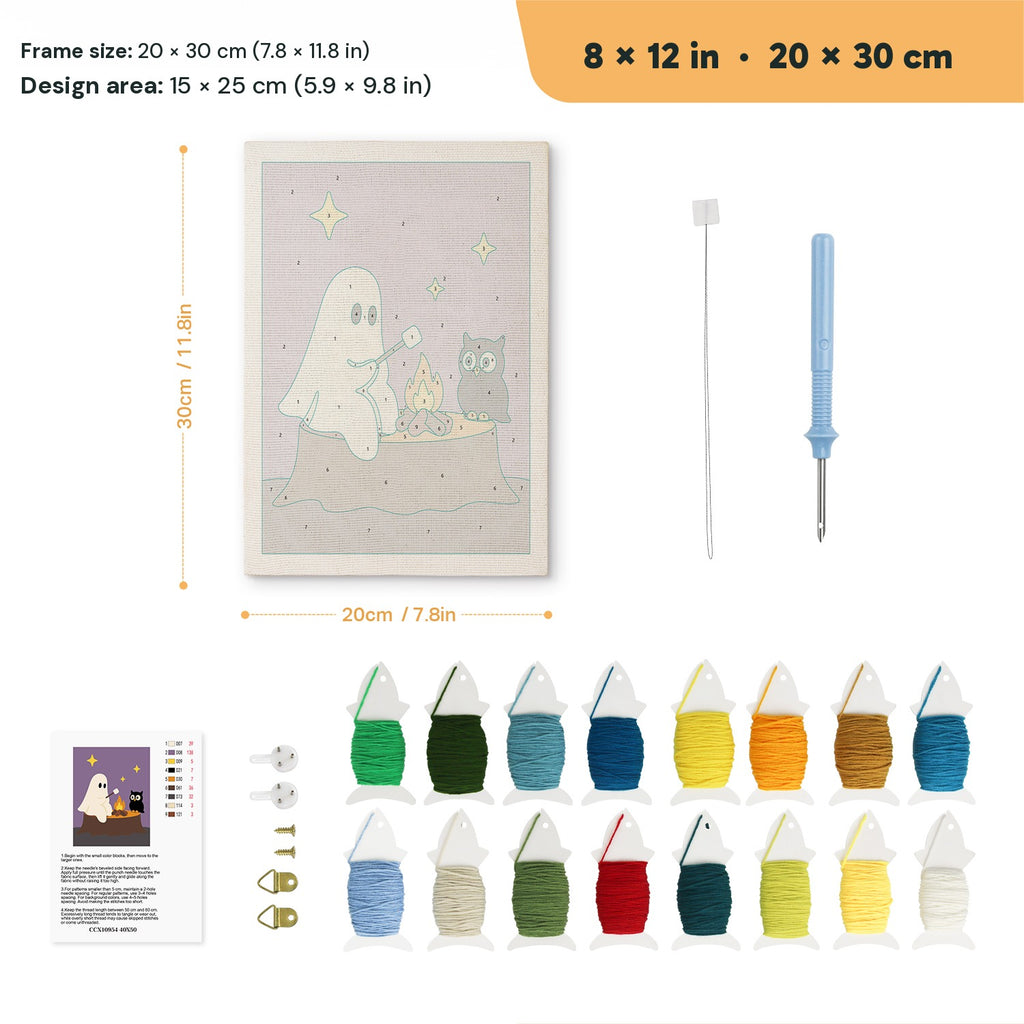 Ghost and Owl Campfire punch needle kit, 8 × 12 in (20 × 30 cm): canvas size and kit contents
