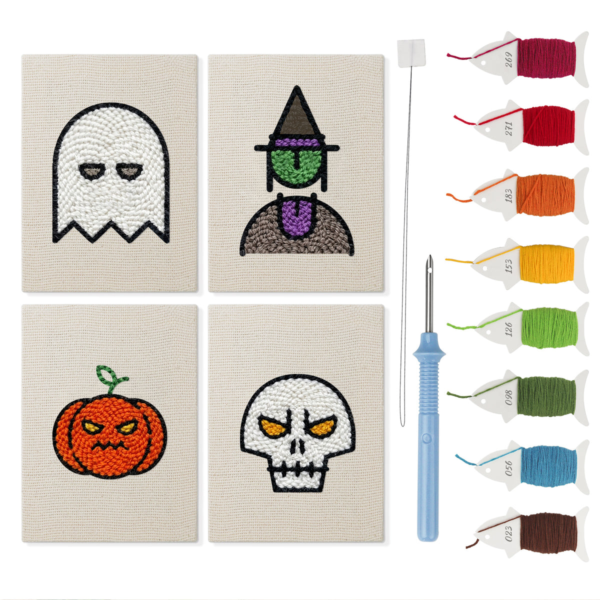 Ghost and Witch mini punch needle kit set: four finished canvases with threads, punch needle and threader