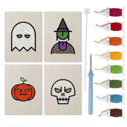 Ghost and Witch mini punch needle kit set: four finished canvases with threads, punch needle and threader