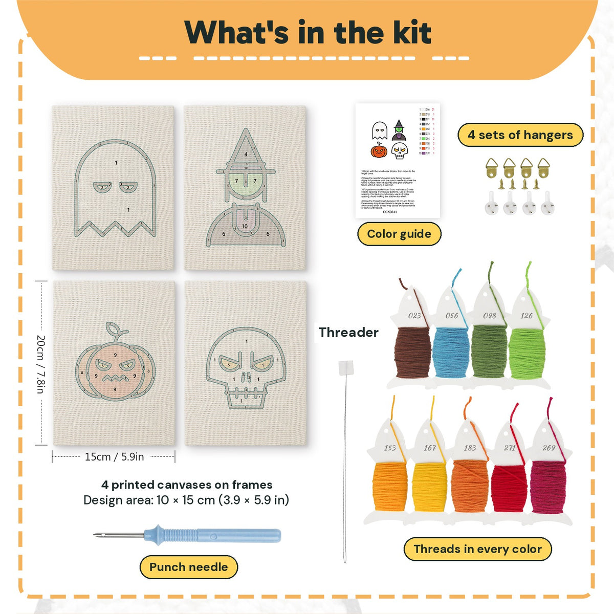 What is in the Ghost and Witch set: 4 printed canvases, punch needle, threader, threads, color guide and 4 sets of hangers (6 × 8 in (15 × 20 cm) each)