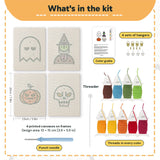 What is in the Ghost and Witch set: 4 printed canvases, punch needle, threader, threads, color guide and 4 sets of hangers (6 × 8 in (15 × 20 cm) each)
