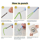 Six steps showing how to thread and use the punch needle