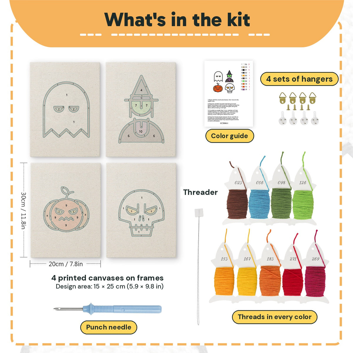What is in the Ghost and Witch set, 8 × 12 in (20 × 30 cm) each: 4 printed canvases, punch needle, threader, threads, color guide and 4 sets of hangers
