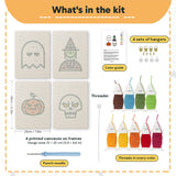 What is in the Ghost and Witch set, 8 × 12 in (20 × 30 cm) each: 4 printed canvases, punch needle, threader, threads, color guide and 4 sets of hangers