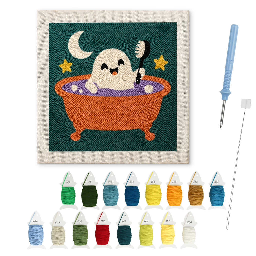 Ghost Bath Time punch needle kit: finished canvas with threads, punch needle and threader