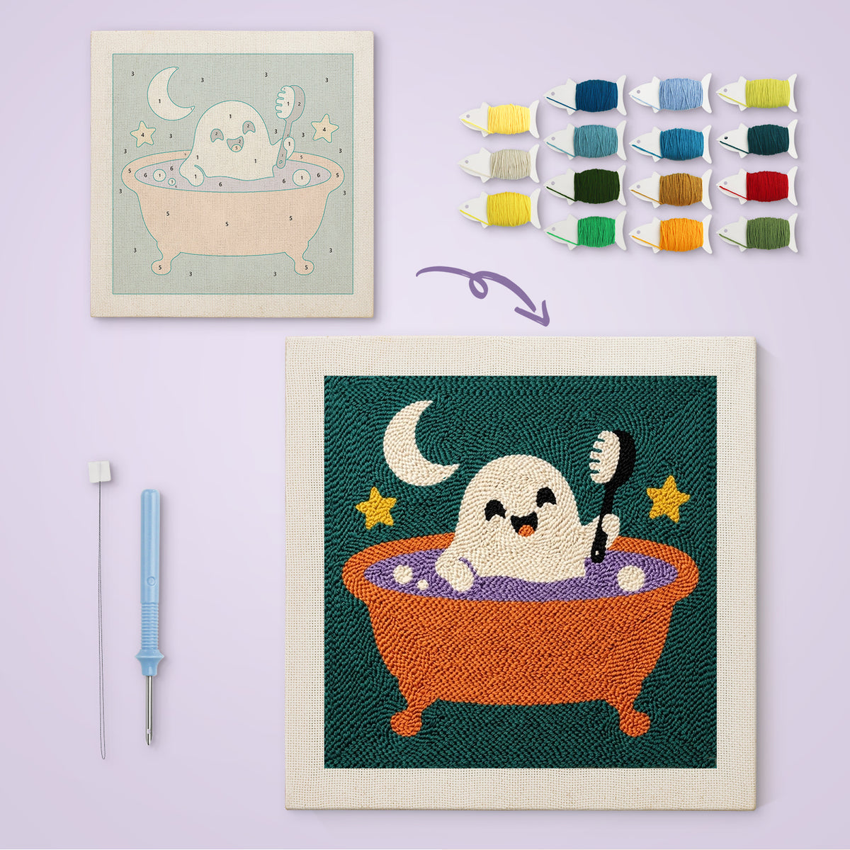 Ghost Bath Time canvas before and after punching, with the threads and tools