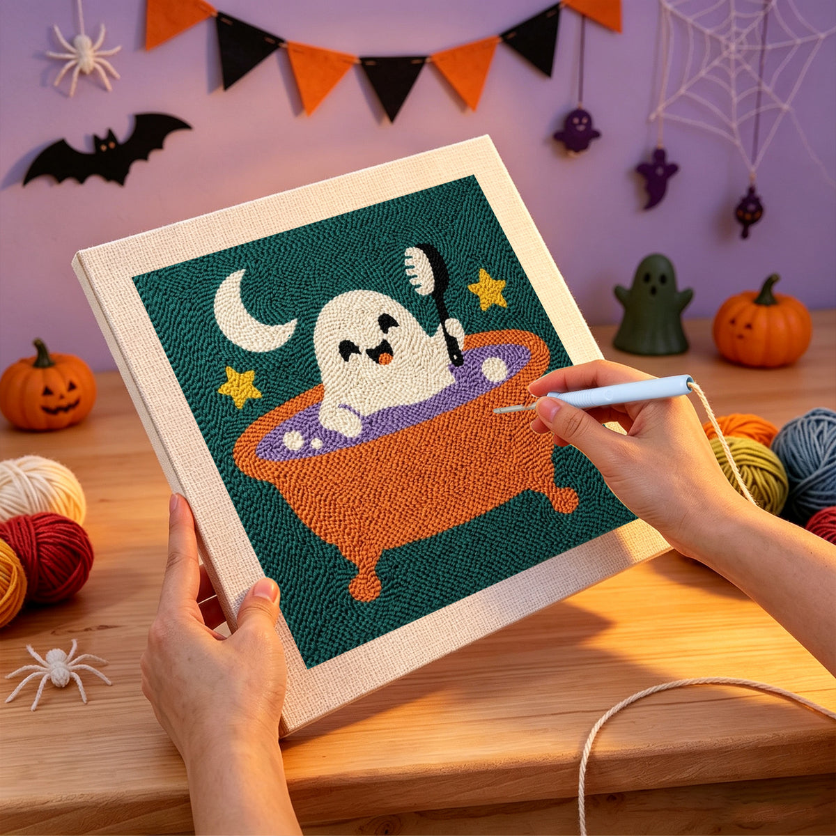 Punching the Ghost Bath Time design with the punch needle