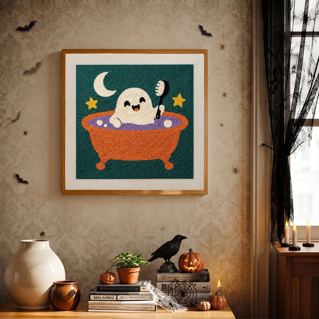 Finished Ghost Bath Time punch needle canvas on a wall