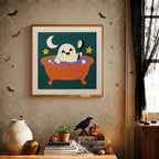 Finished Ghost Bath Time punch needle canvas on a wall
