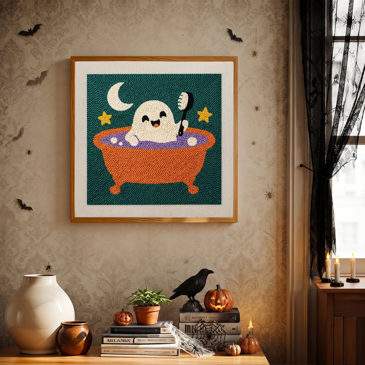 Finished Ghost Bath Time punch needle canvas on a wall