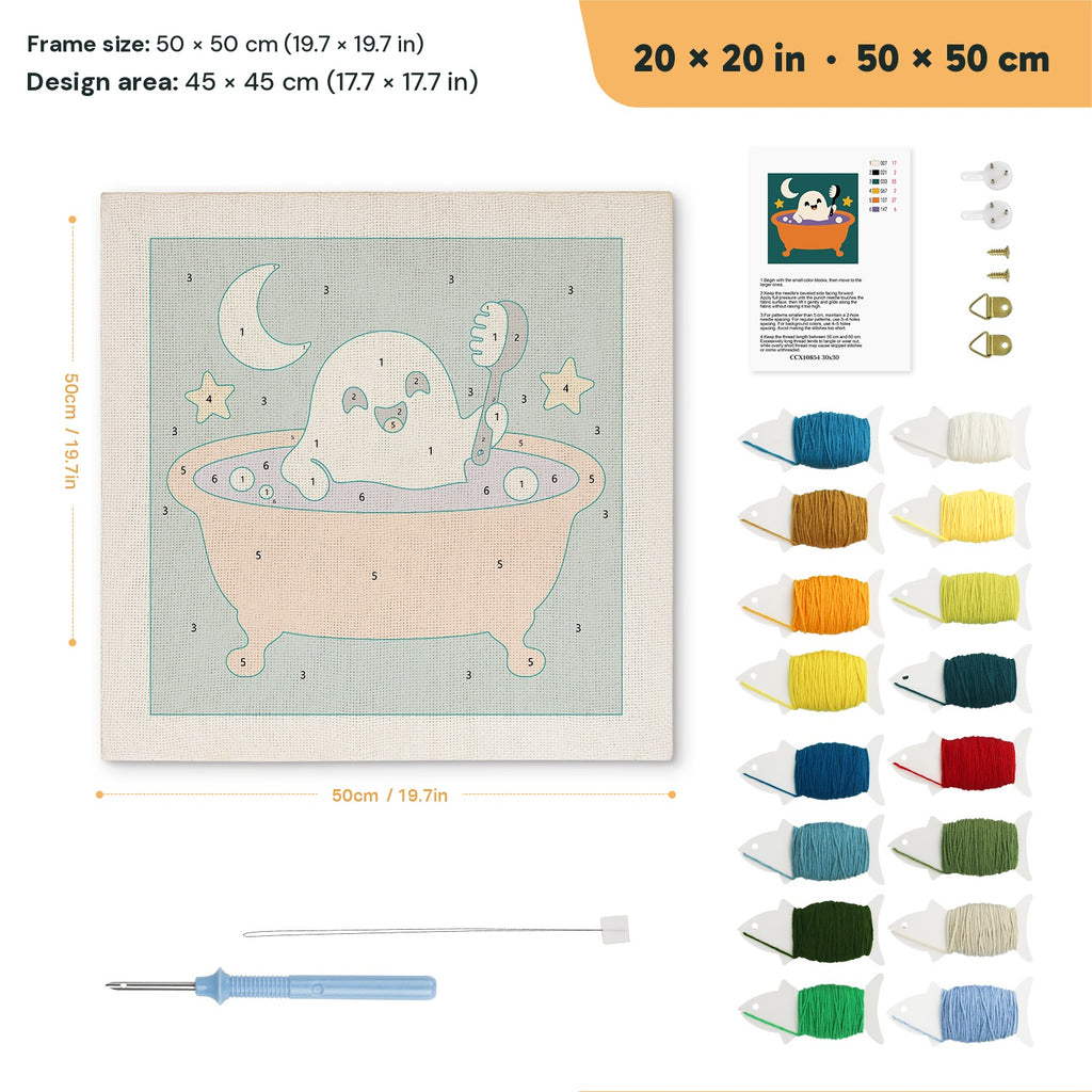 Ghost Bath Time punch needle kit, 20 × 20 in (50 × 50 cm): canvas size and kit contents