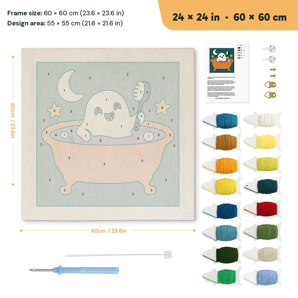 Ghost Bath Time punch needle kit, 24 × 24 in (60 × 60 cm): canvas size and kit contents