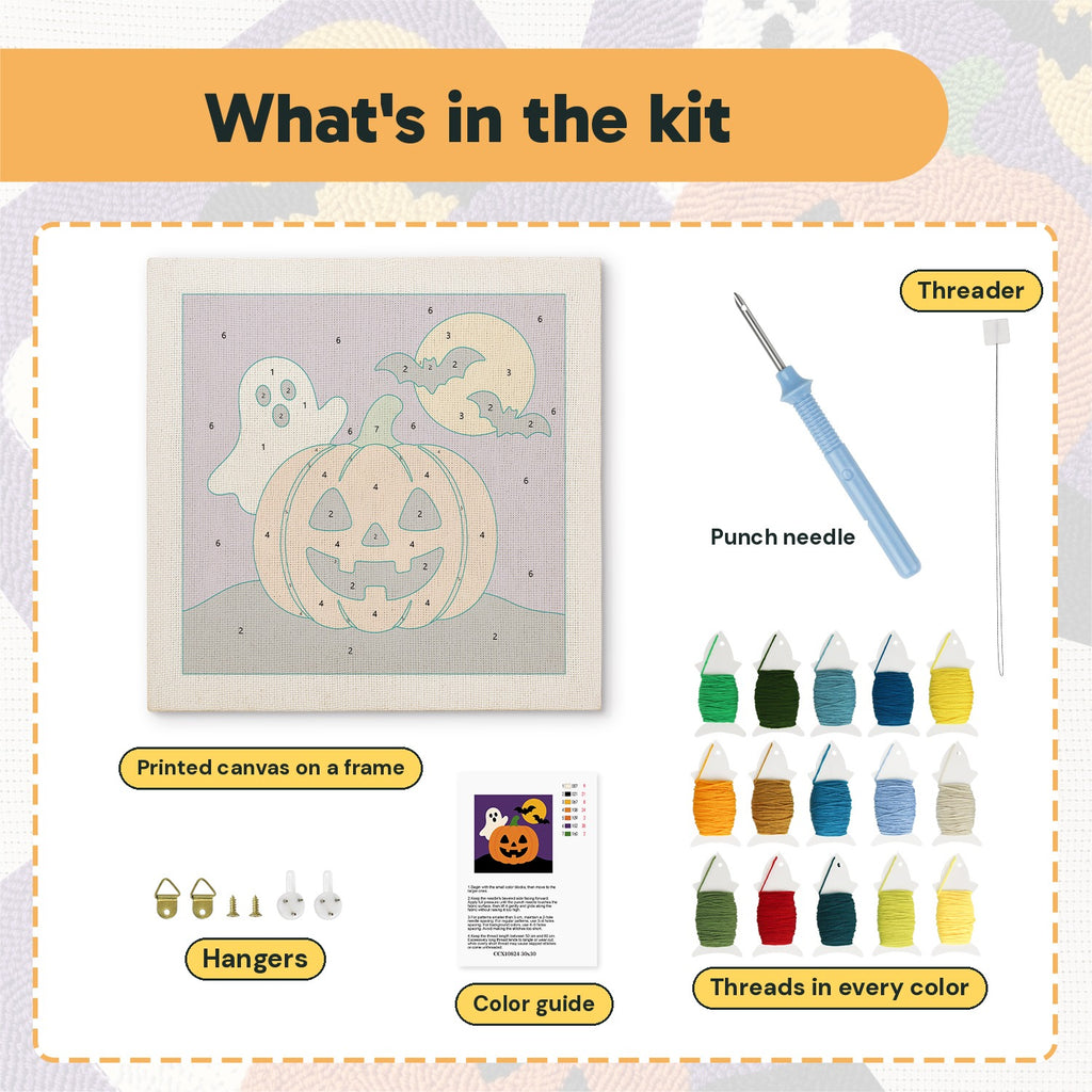 What is in the Ghost Behind the Pumpkin kit: printed canvas, punch needle, threader, threads, color guide and hangers