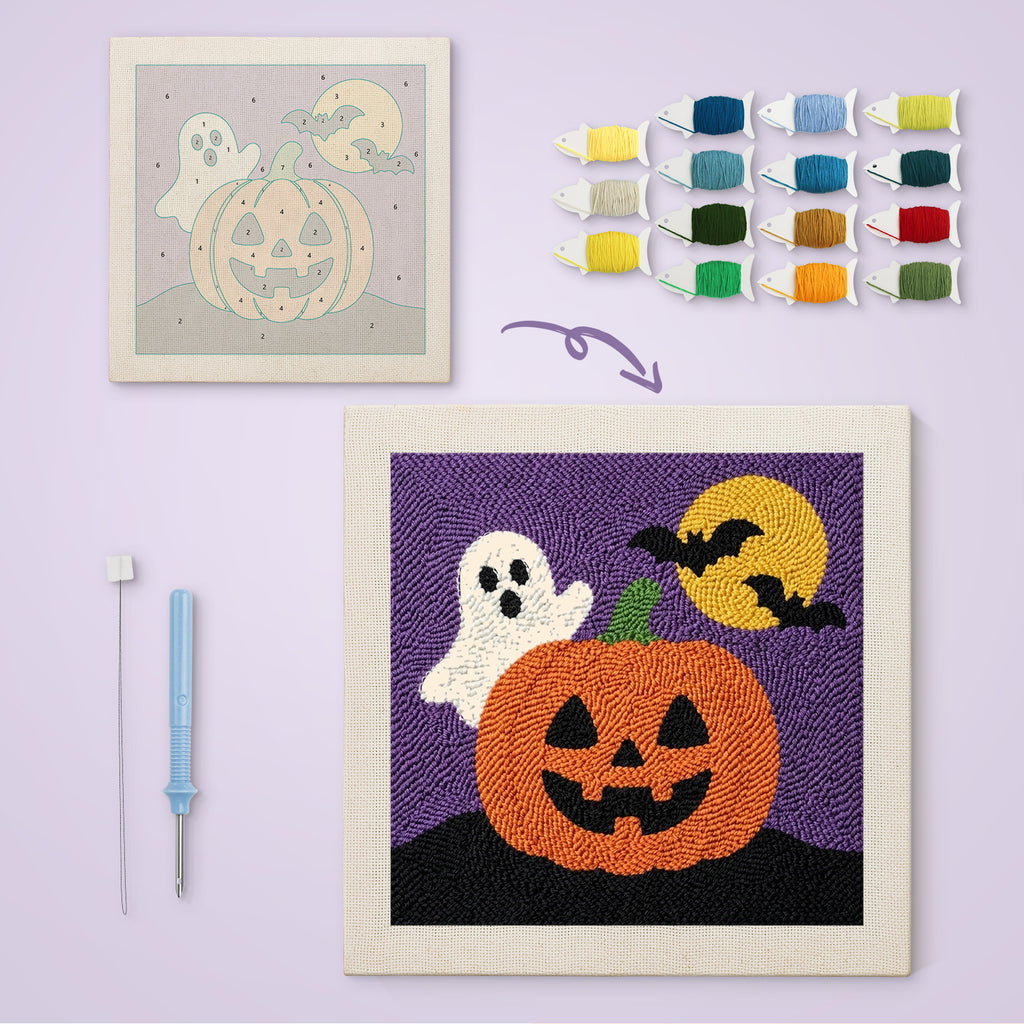 Ghost Behind the Pumpkin canvas before and after punching, with the threads and tools
