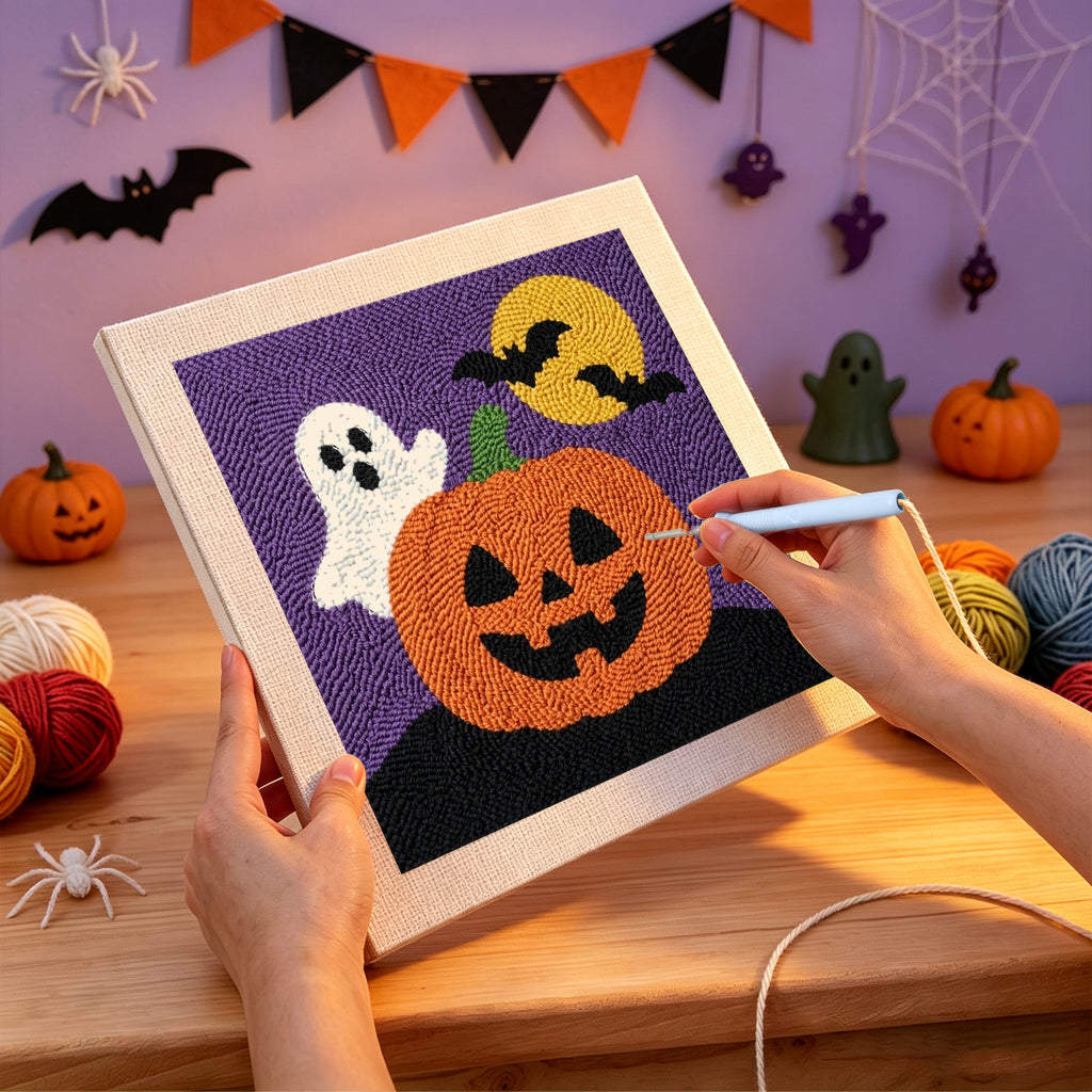 Punching the Ghost Behind the Pumpkin design with the punch needle